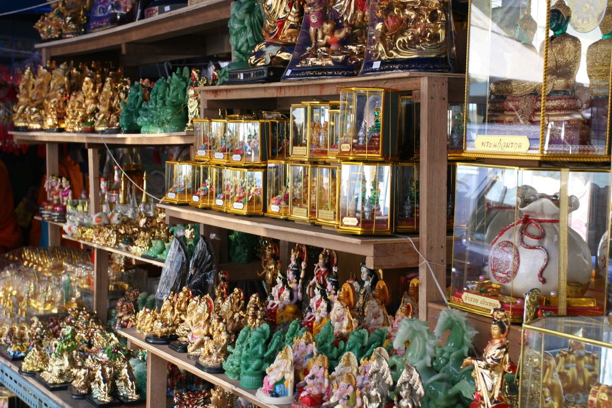 A stall at an amulet market in Bangkok, near Wat Ratchanadda